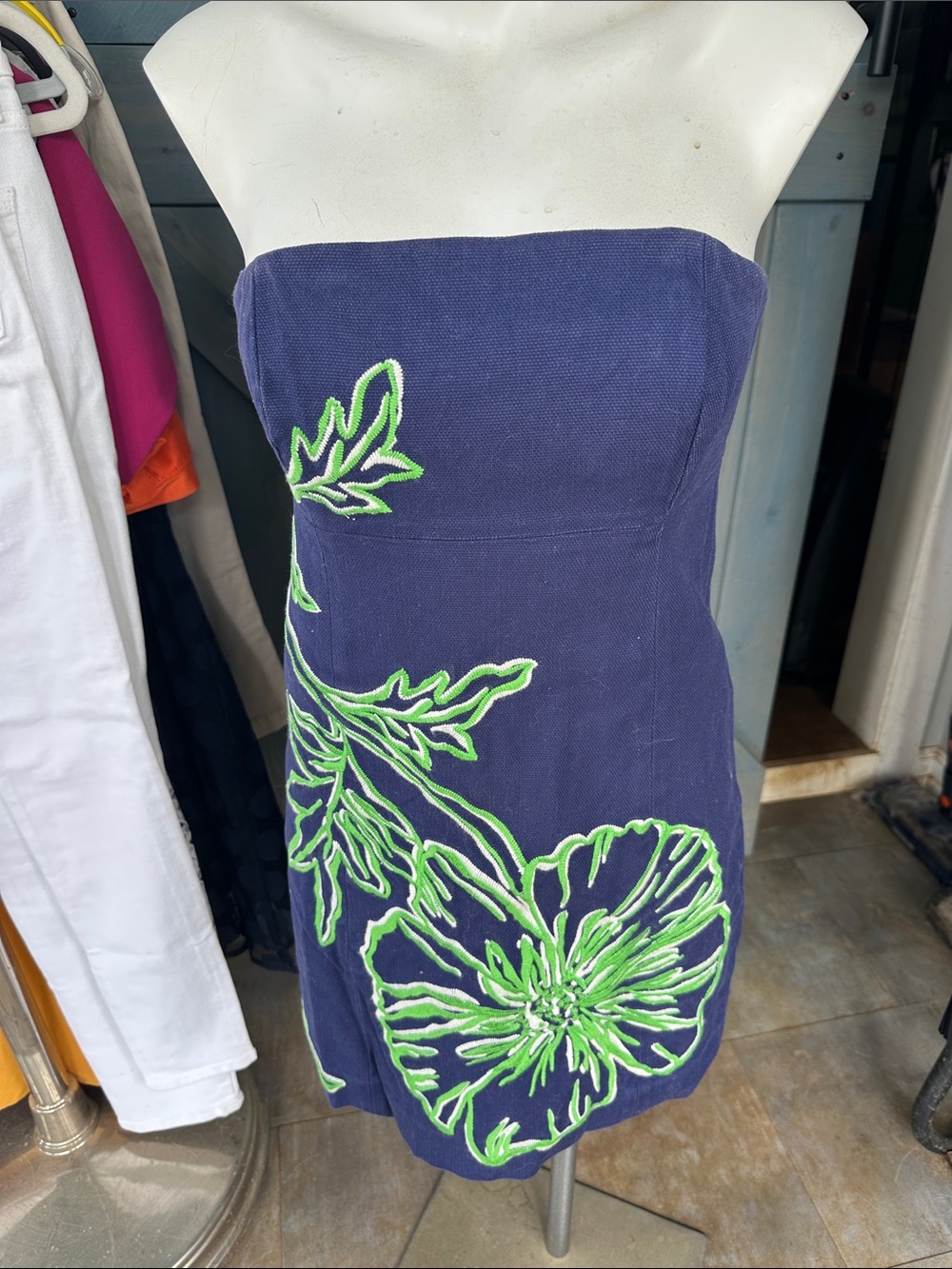 Lilly Pulitzer Navy Strapless Dress with Neon Green Floral Embroidery - Picture 1 of 15